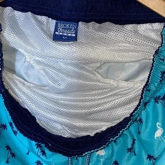 Broke Threads | Men’s Blue Palm Tree Flamingo Swim Shorts Size Medium - Picture 3 of 4